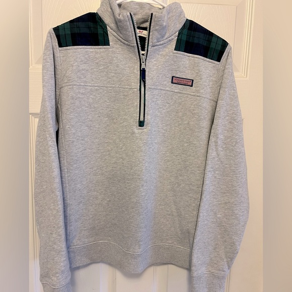 Vineyard Vines Gray Zip-Up Sweater with Green Plaid - Picture 1 of 5